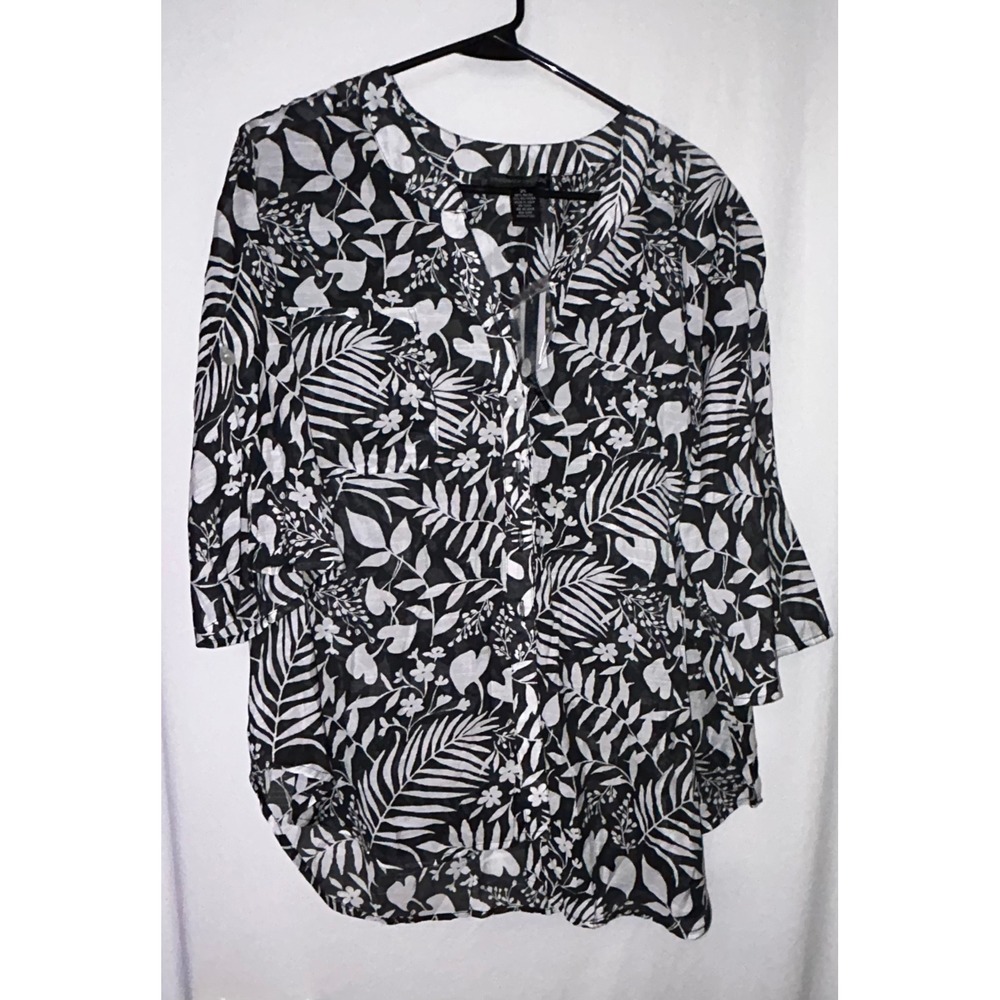 Preswick & Moore 2X Black White Floral‎ 3/4 Sleeve Blouse Top Women's